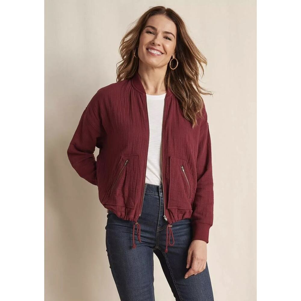Matilda‎ Jane Storyteller Gauze Cotton Bomber Jacket L Zip Lightweight Burgundy
